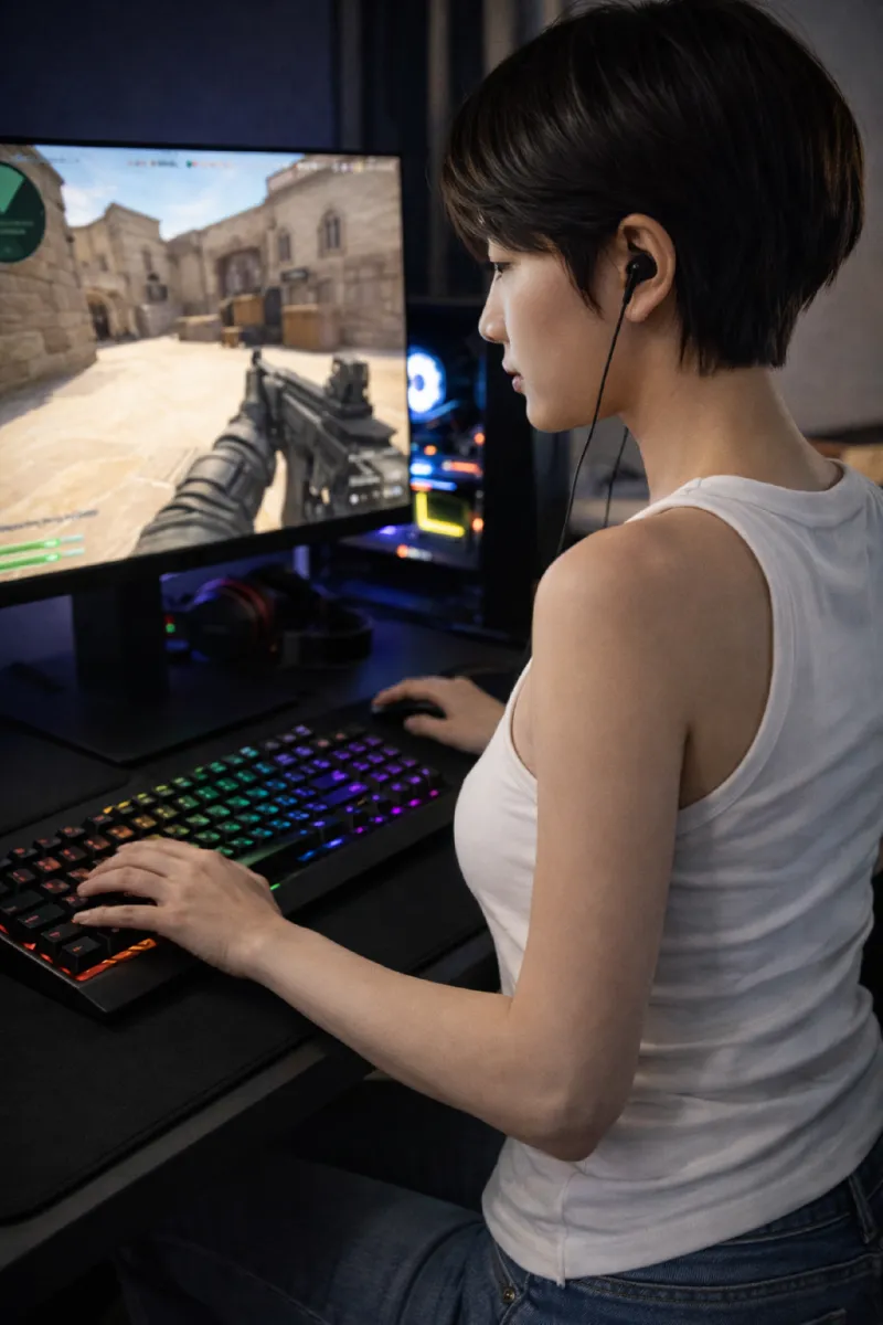 우팅 80HE로 게임을 하고 있는 여성의 이미지.png